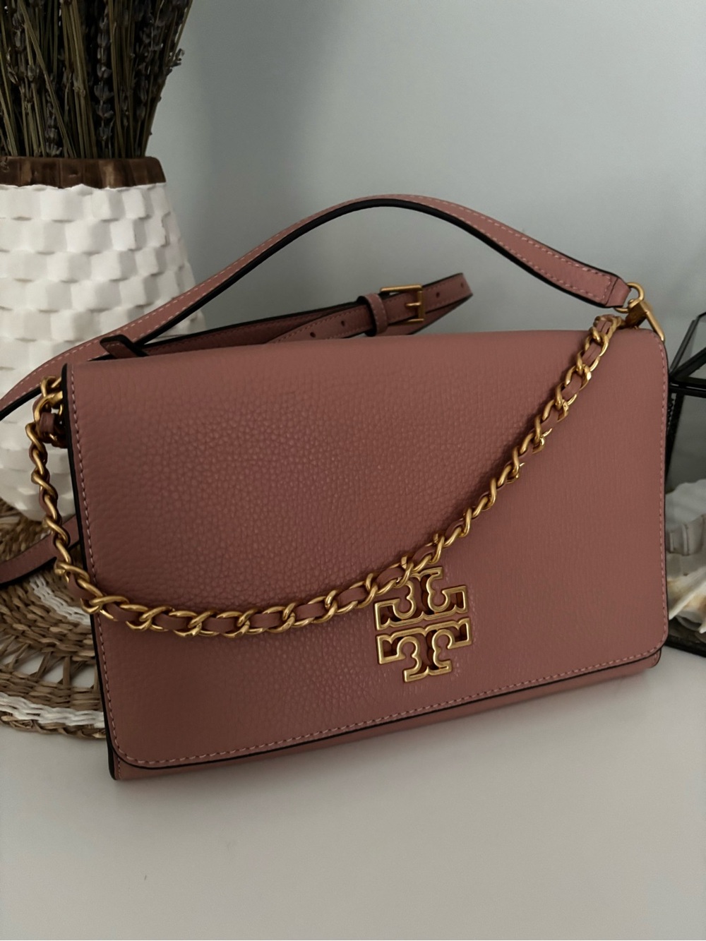 Tory Burch Rose Pink Pebbled Leather Chain Shoulder Bag